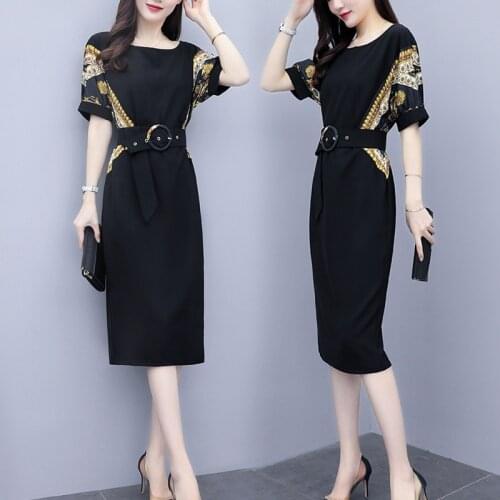 Casual Printed Chiffon Dress 2021 Women Summer Short Sleeve Patchwork Bandage Dress Office Lady Elegant Dresses Vestidos W79