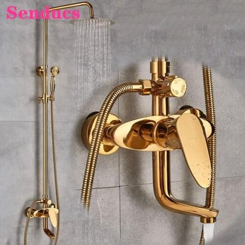 Gold Bathroom Shower System Senducs Round Rainfall Shower Head Hot Cold Bathroom Shower Faucets Newly Golden Shower Mixer Set
