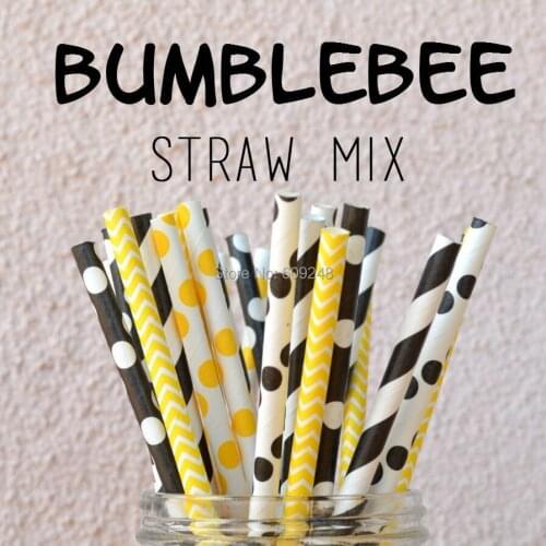 125pcs Mixed Colors Bumblebee Yellow and Black Paper Straws,Chevron Dot Stripe,Candy Buffet Pixie Sticks