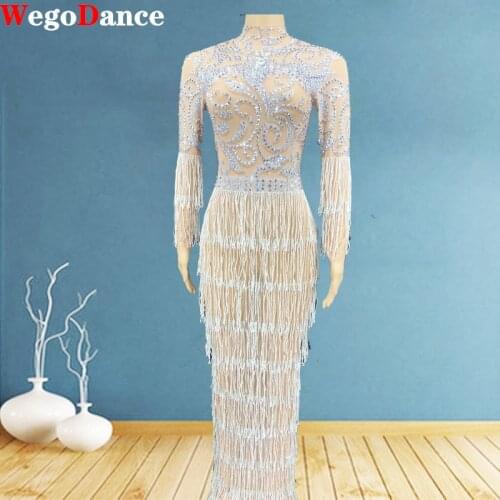 Sparkly Silver Rhinestone Chains Transparent Long Birthday Sexy Tassel Dress Prom Dancer Outfit