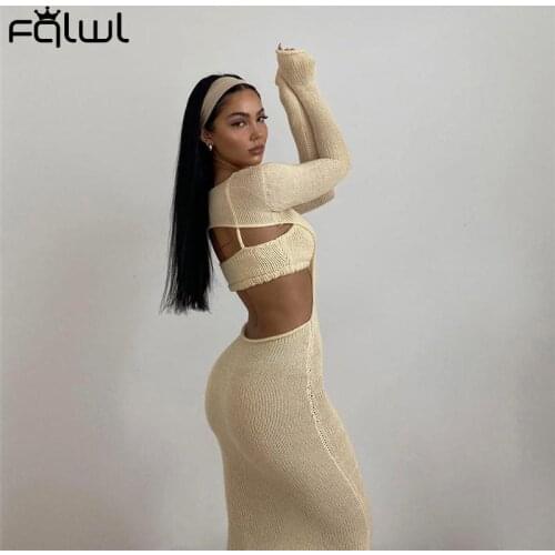 FQLWL Autumn Knitted Sexy 2 Two Piece Set Women Skirt Tank Top Long Sleeve Hollow Out Bodycon Dress Sets Female Solid Midi Dress