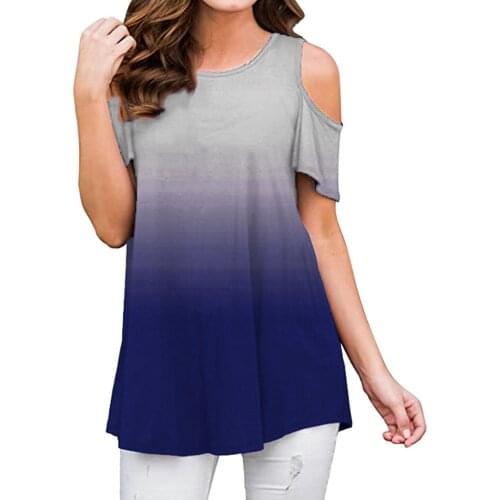 Womens T-shirt Cold Shoulder T Shirts Short Sleeve Loose Tunic Casual O-neck Basic Tees Tops Harajuku Gradient Tee Shirt Femme