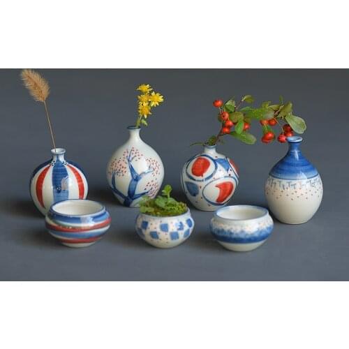 Coarse Ceramic Vase Table Top decoration blue and white Chinese style small diameter Vase Diy tea pet crafts home decoration