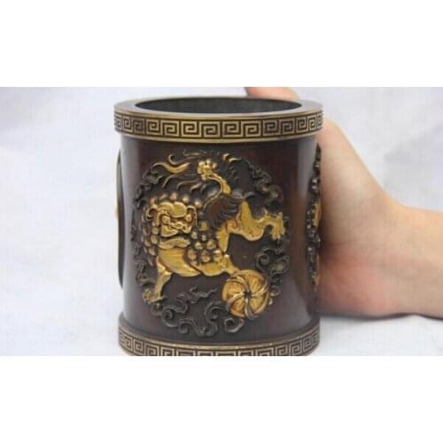 Song voge gem S1364 China Palace Red Copper 24K Gold Gilt Bronze Foo Dogs Lion pencil vase brush pot