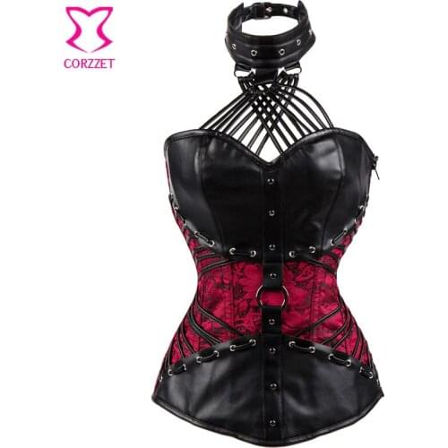 Red Floral Brocade and Black Leather Steampunk Corset 6XL Plus Size Corsets and Bustiers Sexy Corselete Feminino Espartilhos