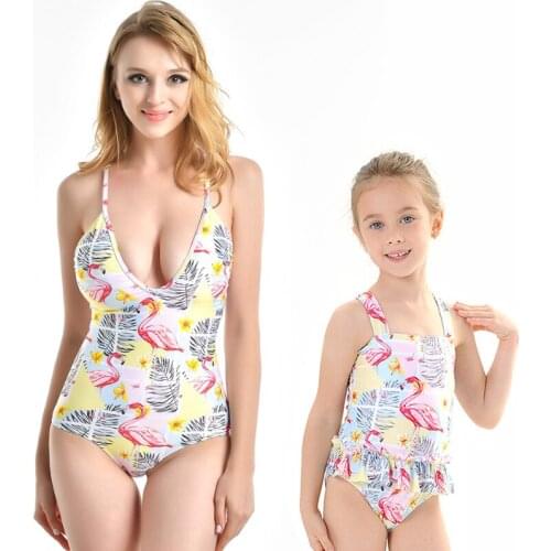 New Mom Baby Swimsuit Women Deep V One Piece Swimwear Girls Flamingo Bathing Suit Parent-child Beachwear Ruffle Triangle Bikini