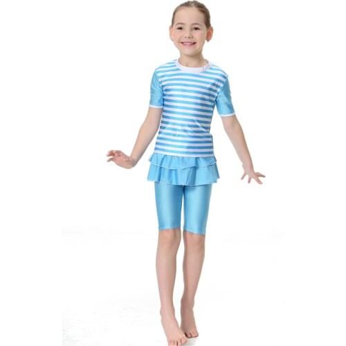 2 Piece Maillot De Bain Islamique Striped Swim Wear Short Sleeve Swimsuit Separate Female Islamic Girls Muslim Swimwear for Kids