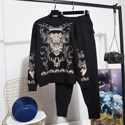 Fashion Women Tracksuit Set 2020 Spring Autumn New Beaded Embroidery Long Sleeve Knitted Sweater Casual Pants Two Piece Set Tide