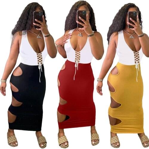 2021 Summer New Style Womens Fashion Sexy Casual Simple Broken Hole Dress