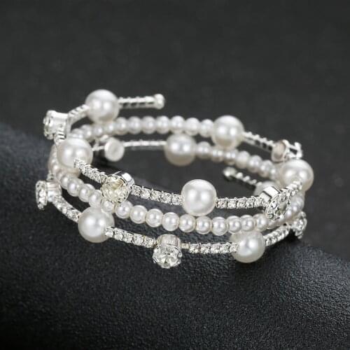 New Korean Style Bridal Simulated Pearl Bracelet Open Cuff Multilayers Rhinestone Bracelet Elegant Wedding Party Jewelry Gift