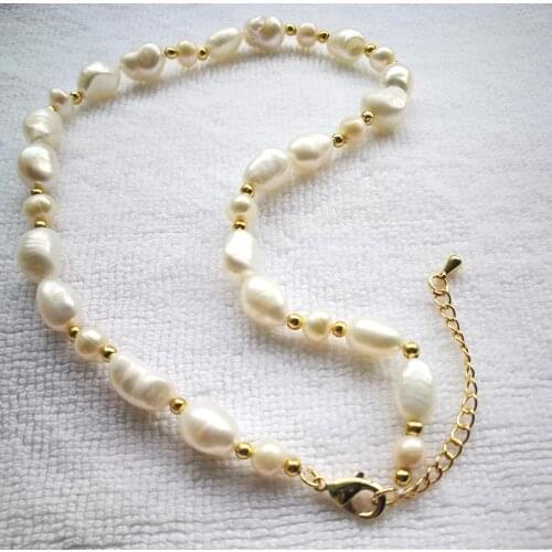 Bright white 11mm baroque pearl gold beads necklace gold clasp natural Freshwater PEARL Women Jewelry 14'' 17'' 35cm 43CM