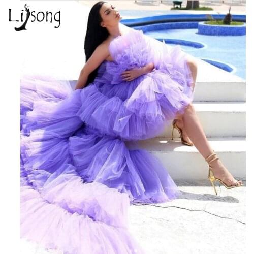 2021 Couture Lavender Tulle High Low Prom Dresses With Detachable Train 2 Pieces Ruffles Tiered Prom Gowns Birthday Dress