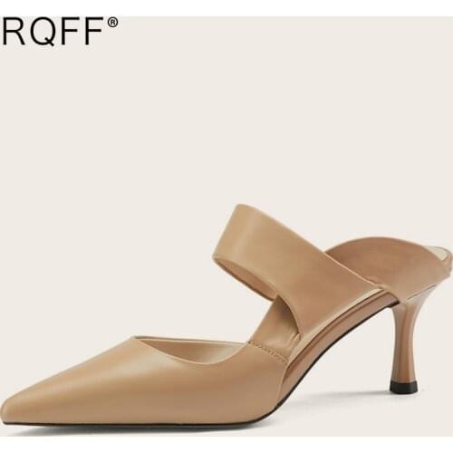 Slippers Womens Summer New Shoes High Thin Heel Sexy Stiletto Slides Handmade Genuine Cow Leather Pointed Toe Elegant Black 2021