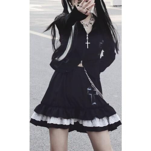 Japanese Harajuku Style Girls Cross Black White High Waist Pleated Skirts Sweet Lolita Cake Mini Skirt Cosplay Costume Skirts JK