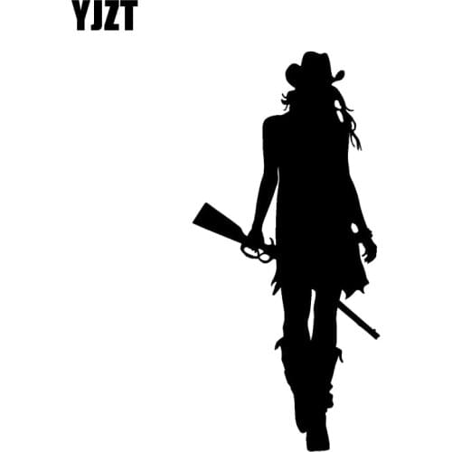 YJZT 7.5*16.1CM Interesting Cowgirl With Gun Hat Western Silhouette Decoration Car Sticker Vinyl Graphic C12-0370