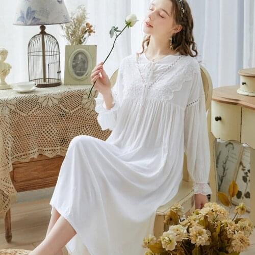 Womens Long White Loose Nightgown Mesh Nightdress Female Retro Long Sleeve Sexy Sweet Bow O Neck Lace Princess Vintage Dress