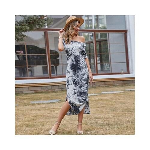 Women Harajuku Mid-length A-line Skirt Off-the-shoulder Ink Printing Dress Ladies Loose Slit Short-sleeved Stitching Dress Robe