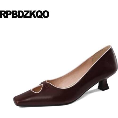 Size 33 Ladies Thick Slip On Black Runway Brown Square Toe Chunky Shoes Medium Heels Block White High Leather Pumps Low 2021