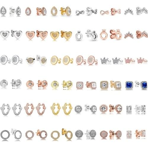 Women 925 Sterling Silver Earrings Diy Rose Gold Round Shape Big Shining Square Zircon Earring For Women Wedding Party Jewelry