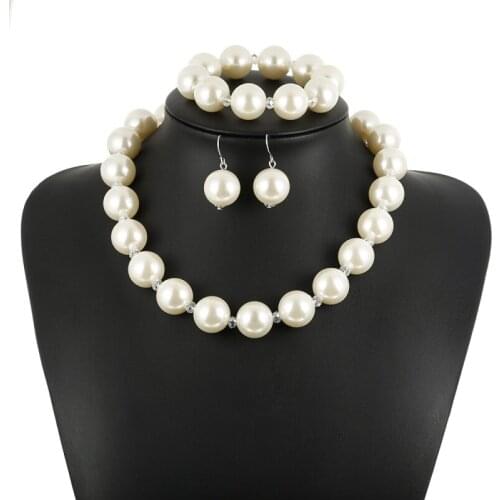 Women Bride Wedding Jewelry Sets Imitation Pearls Choker Necklace Drop Earrings Pearls Bracelet Sets Jewelry Set for Wedding