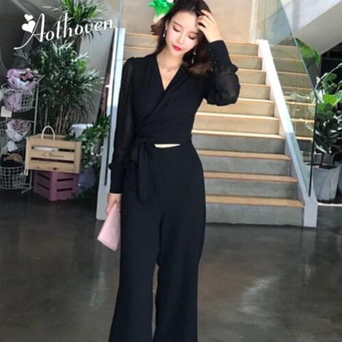 2 Piece Set 2018 Autumn Women OL Business Suit Elegant Office Long Sleeve V-Neck Tops and Wide Leg Pants Set Two Piece Pant Suit