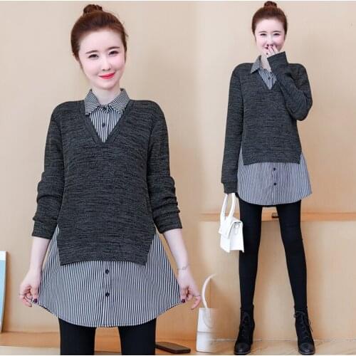 Womens sweater autumn winter new casual loose thick warmth fake two-piece long-sleeved knee stitching lapel gray sweater D288