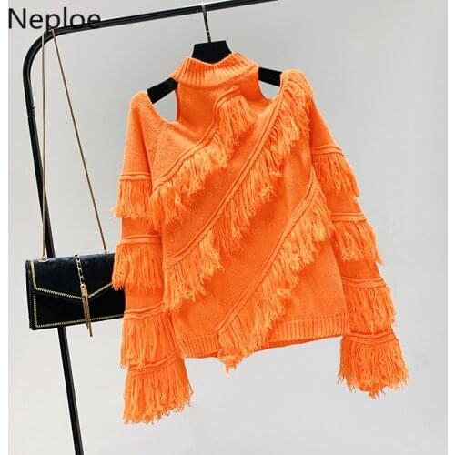 Neploe Pull Femme 2021 Autumn Winter New Tassel Top Jumpers Women Sweater Long Sleeve Strapless Halter Knitted Pullover 54614