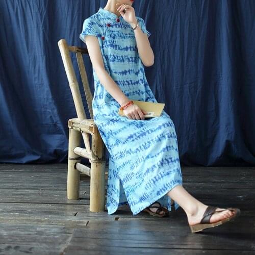 Women Cotton Linen Printed Qipao Dress Ladies Vintage Print Cheongsam Dress Female 2020 Summer Dress