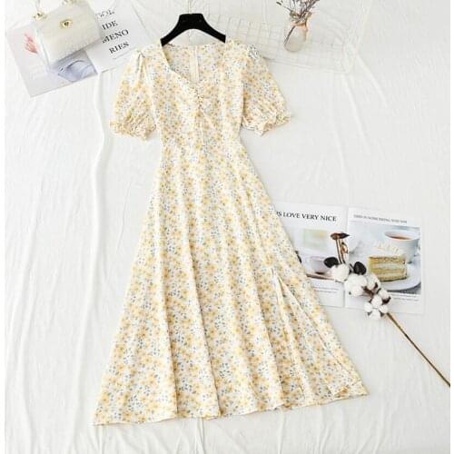 Elegant Midi Dress Womens 2021 New Floral Print V-neck Split Slim Sweet Chiffon Dresses Summer Vintage Office Lady Dress