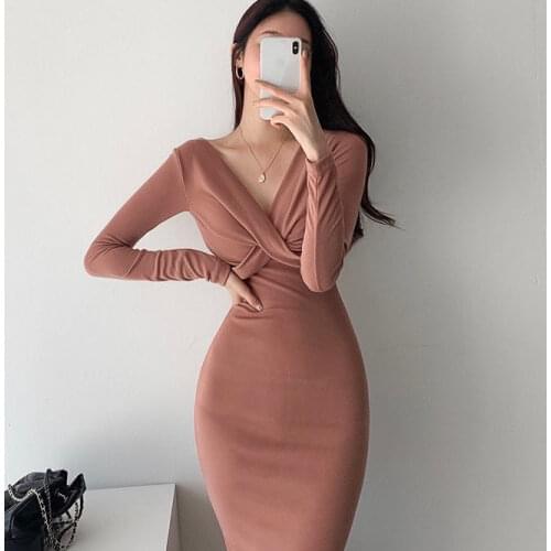 Knitted 2021 Autumn Warm Thick Winter Dresses Casual Korean Pink Blue Sweater Dress Women Solid Woman Bodycon Sexy Party Vestido