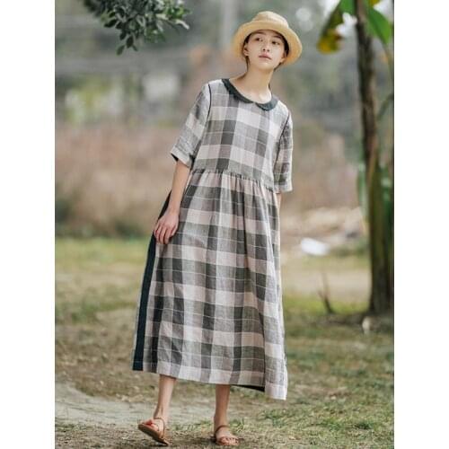 2021 new spring and summer linen dress womens check doll collar loose and thin cotton and linen length 2021019