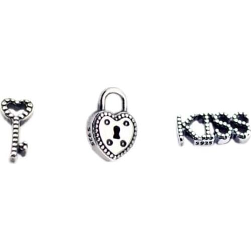 3PCS/Lot Love Lock Kiss Script Heart Key Petite Pack Charms for DIY Floating Locket Necklace 925 Sterling Silver Jewelry