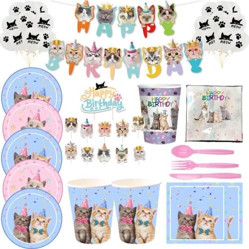 Pet Cats Theme Happy Birthday Party Decoration Tableware Paper Cup Plate Napkin Party Bunting Cat Baby Shower Supplies