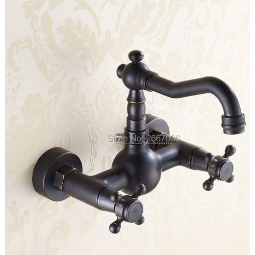 GIZERO Dual Holder Dual Hole Black Faucet Oil Rubber Bronze Bathroom Kitchen Hot and Cold Mixer Wall Tap ZR329