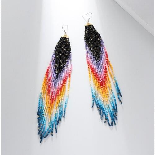 7.28'' Gradient Fringe Ombre Long Earrings Beadwork Rainbow & Black Seed Bead Shoulder Duster Bohemian Style Gay Pride Jewellry