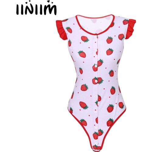 Iiniim Adult Women Femme Strawberry Costumes Clubwear Sleeveless Button Closure Bodysuit Romper Casual Sleepwear Nightwear