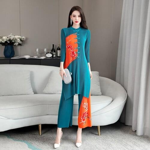 Chinese Two Piece Set Women New Fashion National Printing Wide Leg Pants Clothing Vintage Plus Size Suit Conjuntos De Mujer