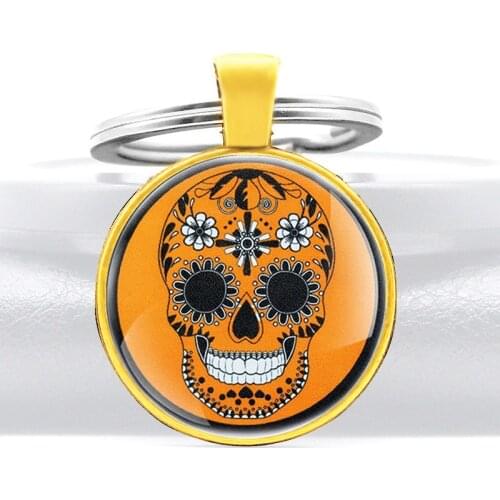 Gold Color Classic Skull Flower Glass Cabochon Metal Pendant Key Chain Charm Men Women Key Ring Jewelry Gifts Keychains