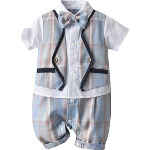 Baby Newborn Rompers Boys Short-sleeve Clothes Plaid Vest Gentleman Jumpsuit 6-24 Months Boy Costume First Birthday Gift Party