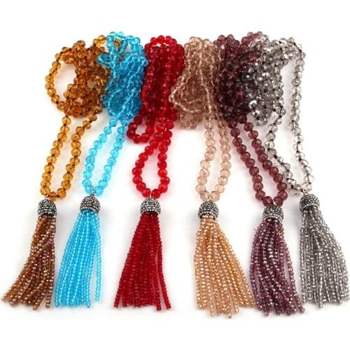 Fashion Bohemian Tribal Jewelry 5x8 Crystal Glass Long Knotted Beads Crystal Tassel Necklaces