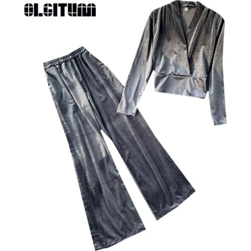 Fashion Women Sets 2020 Fall New Elegant Two-piece Suit Velvet V-neck Top Slim High Waist Flare Pants for Female