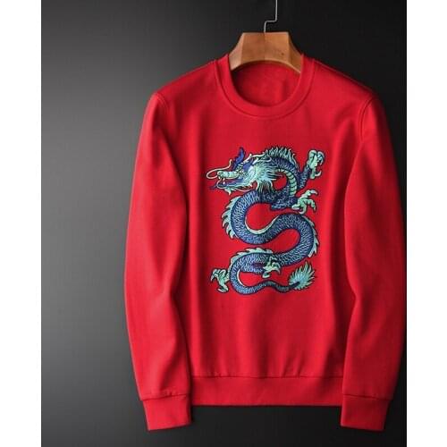 Classic Red Sweatshirts Men Luxury Lyocell Tsing Lung Embroidery Long Sleeve Hoodies Men Plus Size 4xl Round Collar Mens Hoodies