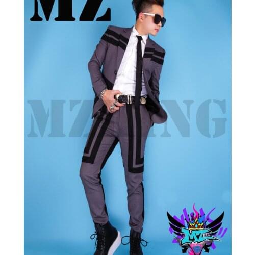 M-4xl Men Brand New Fashion Dj Nightclub Singer Exo Deep Gray Stripe Suit Super Good Thick Fabric Costumes Stage Formal Dress