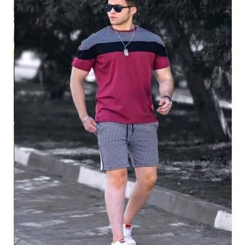 Mens Casual Trend Stitching Suit Casual Sports Slim Short-sleeved T-shirt Shorts Two-piece Sets Tracksuit Mens Sports Wear
