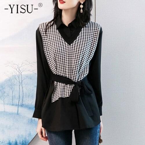 YISU Autumn Womens Sweater Shirt collar Loose tops Fashion Splicing Long sleeve Female Knitted Pullover Waist Casual Jumper