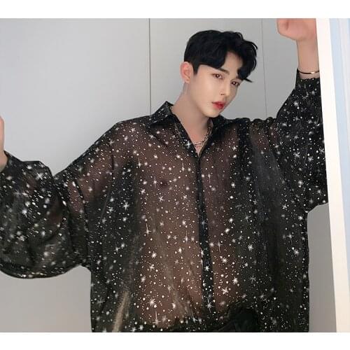 Mesh see-through sexy oversize men shirt black, grey printed large size blouse man vintage long sleeve transparent thin shirts