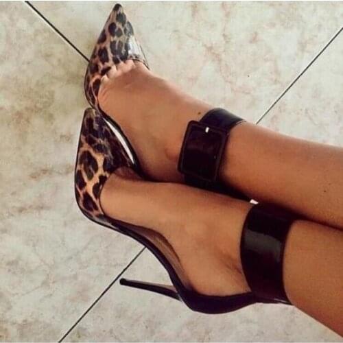 Sexy Leopard Buckle Strap Pump Shoes Women Pointed Toe Black Patent Leather Cut-out Banquet Dress Shoes High Heeled Lady Shoes