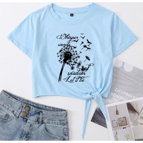 Let It Be Dandelion Flower Knotted Crop Top Shirt Womens Summer Short Sleeve Cotton T-Shirt Cropped Tops with Front Tie Knot