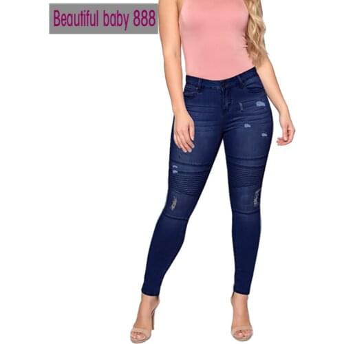 Meqeiss Skinny Jeans Women Moto Biker Cotton Denim Pants Anker Length Pencil Pants Casual Trousers Blue Stretchy Ripped Jeans