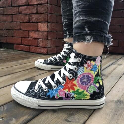 Wen Original Design Custom Hand Painted Shoes Floral Diverse Flowers Women Mens High Top Black Canvas Sneakers
